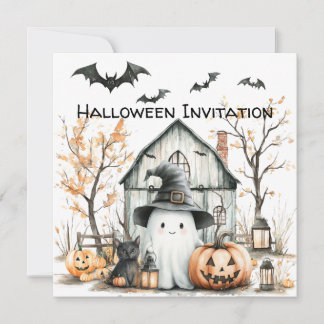 Cute White and Orange Ghost with Autumn Barn Invitation