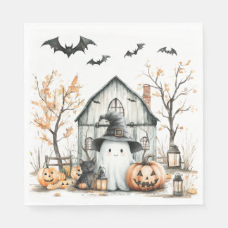 Cute White and Orange Ghost with Autumn Barn Napkin