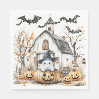Cute White and Orange Ghost with Autumn Barn Napkin