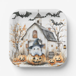 Cute White and Orange Ghost with Autumn Barn Paper Plate