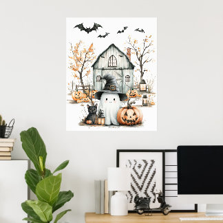 Cute White and Orange Ghost with Autumn Barn Poster