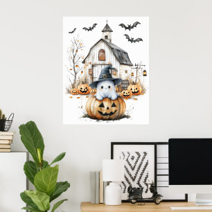 Cute White and Orange Ghost with Autumn Barn Poster