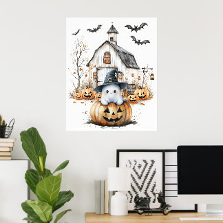 Cute White and Orange Ghost with Autumn Barn Poster
