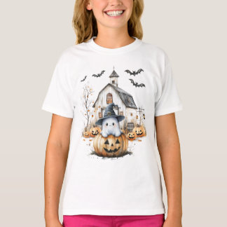 Cute White and Orange Ghost with Autumn Barn T-Shirt