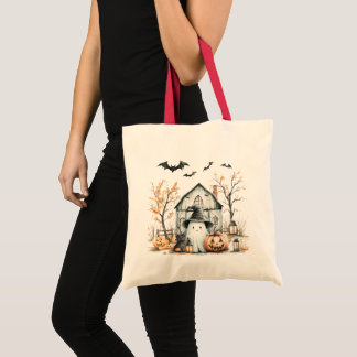 Cute White and Orange Ghost with Autumn Barn Tote Bag