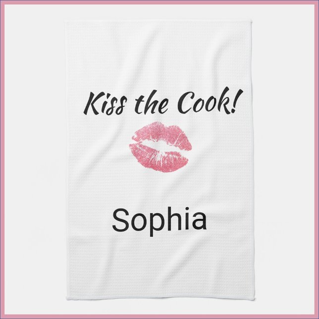 Cute White and Pink Lipstick Kiss the Cook  Tea Towel (Creator Uploaded)