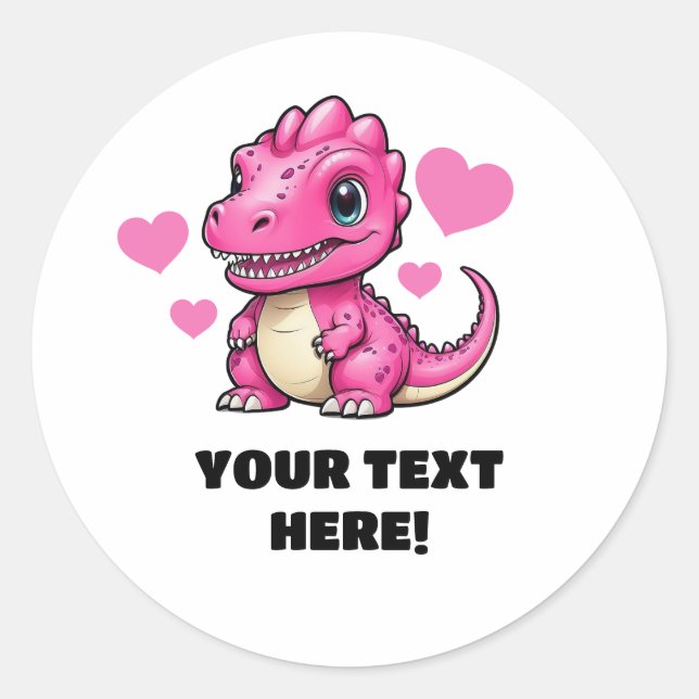 Cute White and Pink Personalised T-rex Classic Round Sticker (Front)