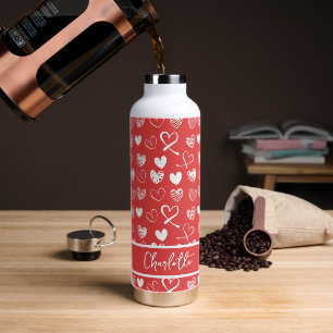 Cute White And Red Hearts Pattern Sketch Custom Water Bottle