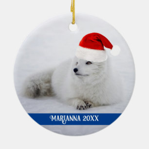 Cute White Arctic Fox in Snow  Ceramic Tree Decoration