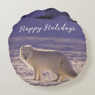 Cute White Arctic Fox Snow Winter Photography Round Cushion