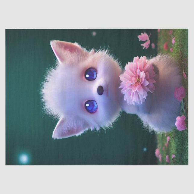 Cute White Baby Fox With Pink Flowers Decoupage Tissue Paper (Front)