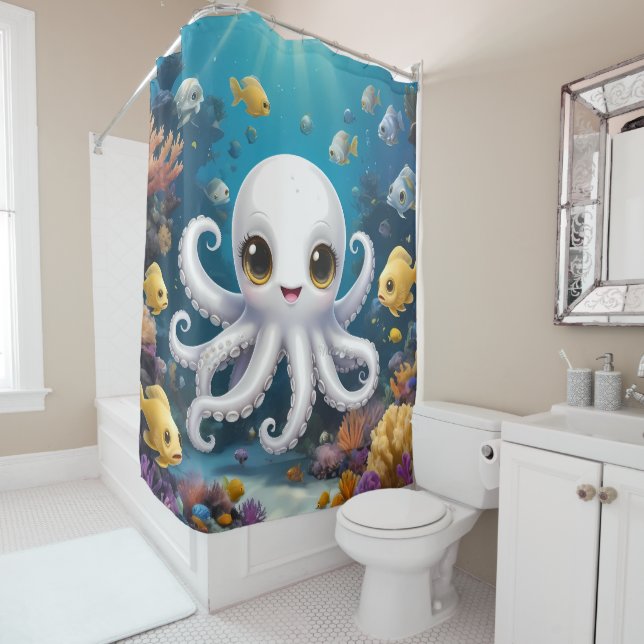 Cute White baby Octopus Under the Sea bathroom Shower Curtain (In Situ)