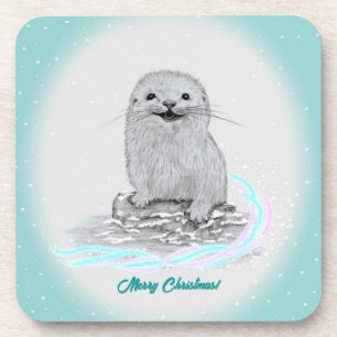 Cute White Baby Sea Otter , Merry Christmas Coaster