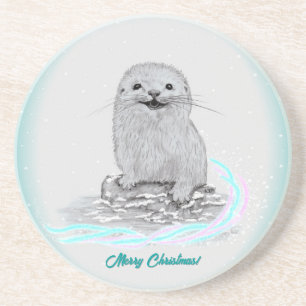 Cute White Baby Sea Otter , Merry Christmas Coaster