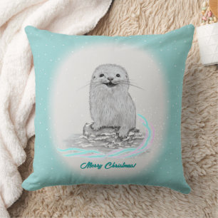 Cute White Baby Sea Otter , Merry Christmas Cushion