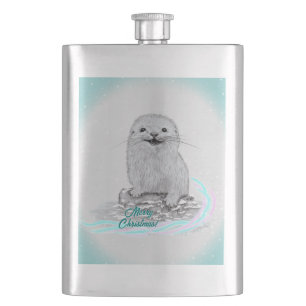 Cute White Baby Sea Otter , Merry Christmas Hip Flask