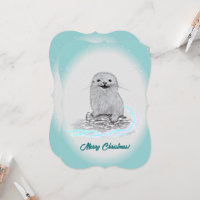Cute White Baby Sea Otter , Merry Christmas
