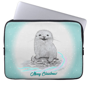 Cute White Baby Sea Otter , Merry Christmas Laptop Sleeve