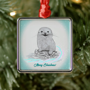 Cute White Baby Sea Otter , Merry Christmas Metal Tree Decoration