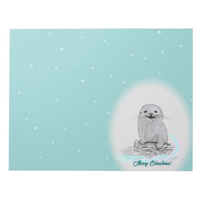 Cute White Baby Sea Otter , Merry Christmas Notepad (Front)