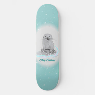 Cute White Baby Sea Otter , Merry Christmas Skateboard