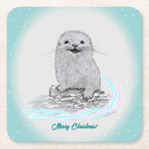 Cute White Baby Sea Otter , Merry Christmas Square Paper Coaster
