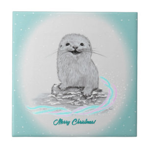 Cute White Baby Sea Otter , Merry Christmas Tile