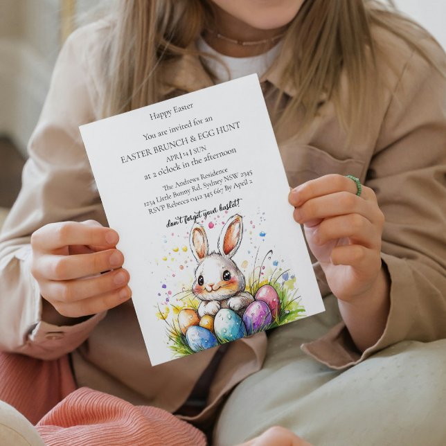 Cute white banny holding eggs and Eggs Hunt Invitation (Creator Uploaded)