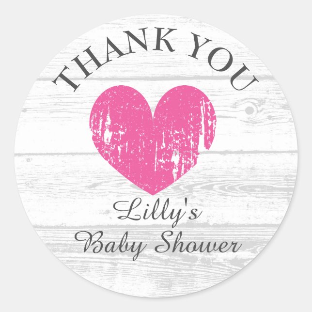 Cute white barn wood pink heart girl's baby shower classic round sticker (Front)