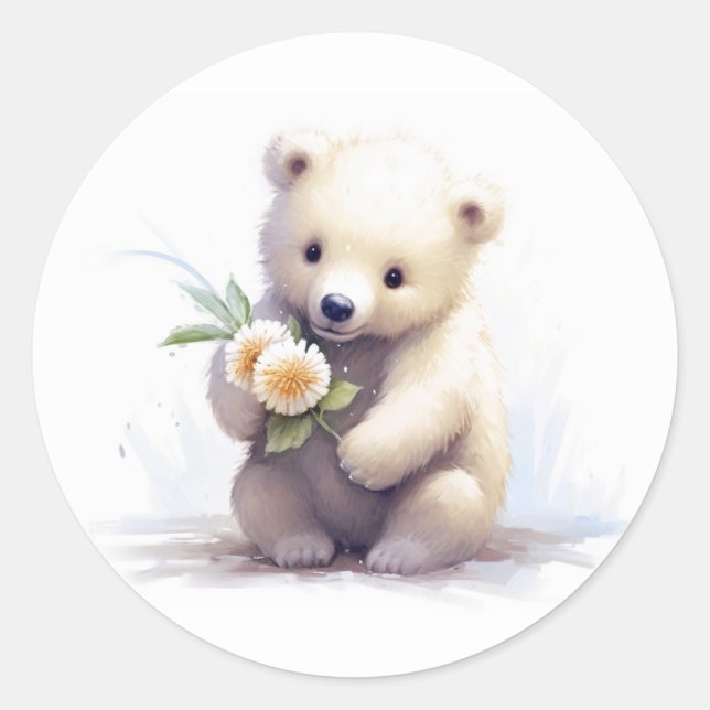 Cute White Bear With Flower Classic Round Sticker (Front)