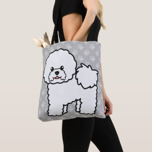 Cute White Bichon Frise Cartoon Dog On Grey Tote Bag