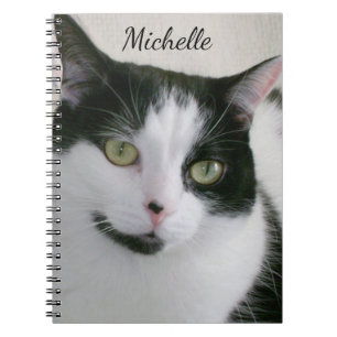 Cute White Black Cat Photo Personalised Name Notebook