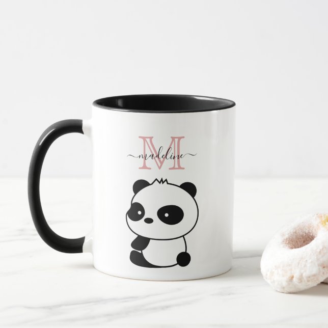 Cute White Black Panda Modern Pink Monogram Mug (With Donut)