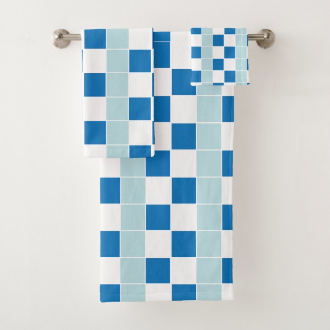 Cute White Blue Chequerboard Bath Towel Set (Insitu)