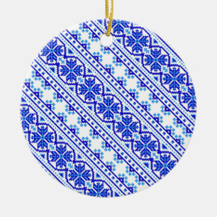 Cute white blue decorative ukrainian stripes ceramic tree decoration