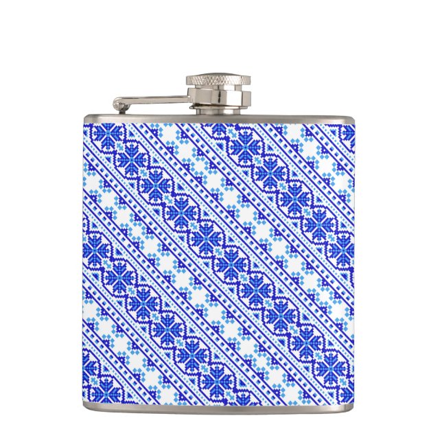 Cute white blue decorative ukrainian stripes hip flask (Front)