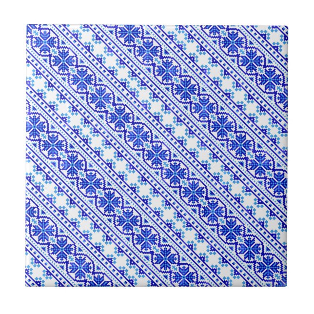 Cute white blue decorative ukrainian stripes tile (Front)