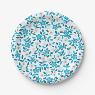Cute white blue seamless spring flowers patterns paper plate