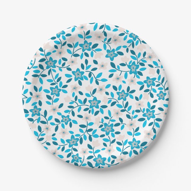 Cute white blue seamless spring flowers patterns paper plate (Front)