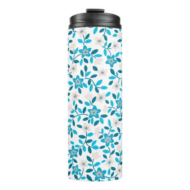 Cute white blue seamless spring flowers patterns thermal tumbler (Front)