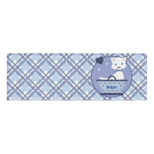 Cute white boy kitten in basket with hearts name tag