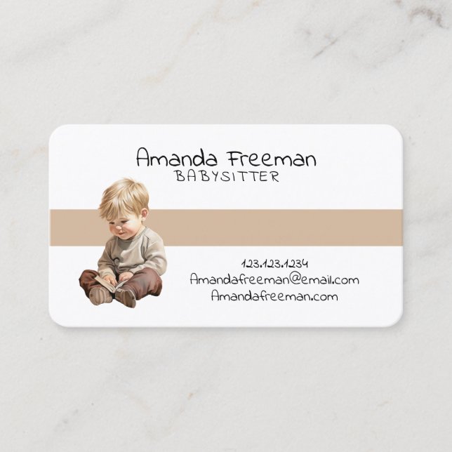 Cute White & Brown Children Childcare Babysitting Business Card (Front)