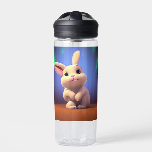 Cute white bunny 3d illustration water bottle (Front)