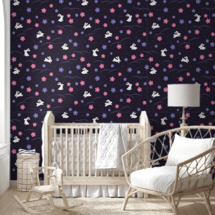Cute White Bunny and Flowers on Purple Pattern Wallpaper