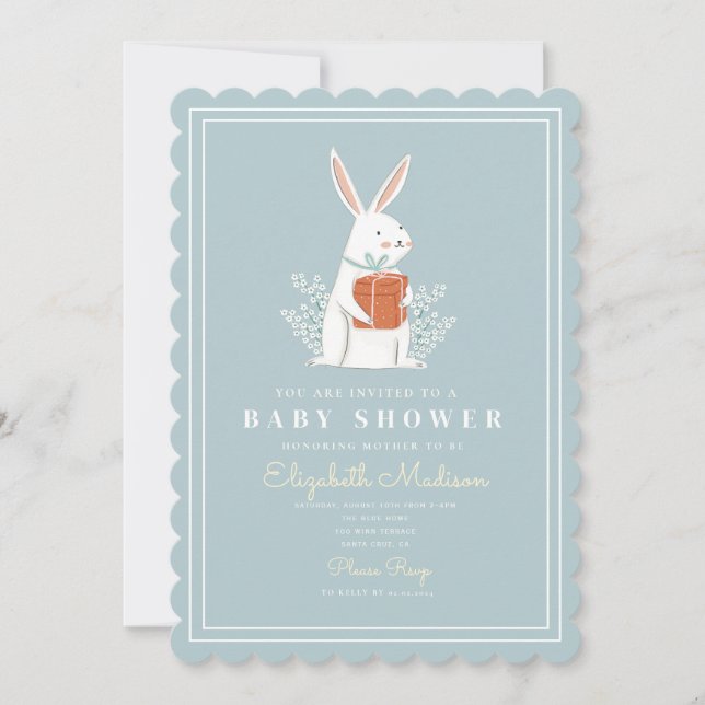 Cute White Bunny Blue Baby Shower Invitation (Front)