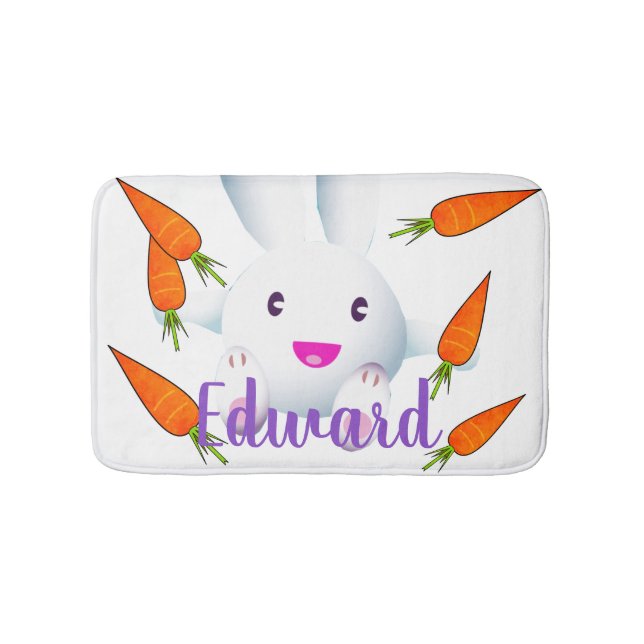 Cute White Bunny & Carrots Bath Mat (Front)