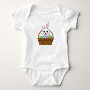 Cute White Bunny Colourful Easter Egg Hunt Basket Baby Bodysuit
