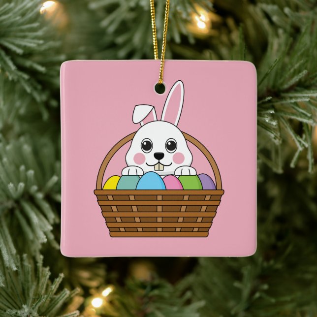 Cute White Bunny Colourful Easter Egg Hunt Basket Ceramic Ornament (Tree)