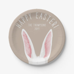 Cute White Bunny Ears On Beige Happy Easter Paper Plate