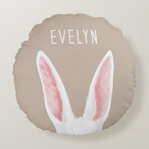 Cute White Bunny Ears On Beige With Kid's Name Round Cushion